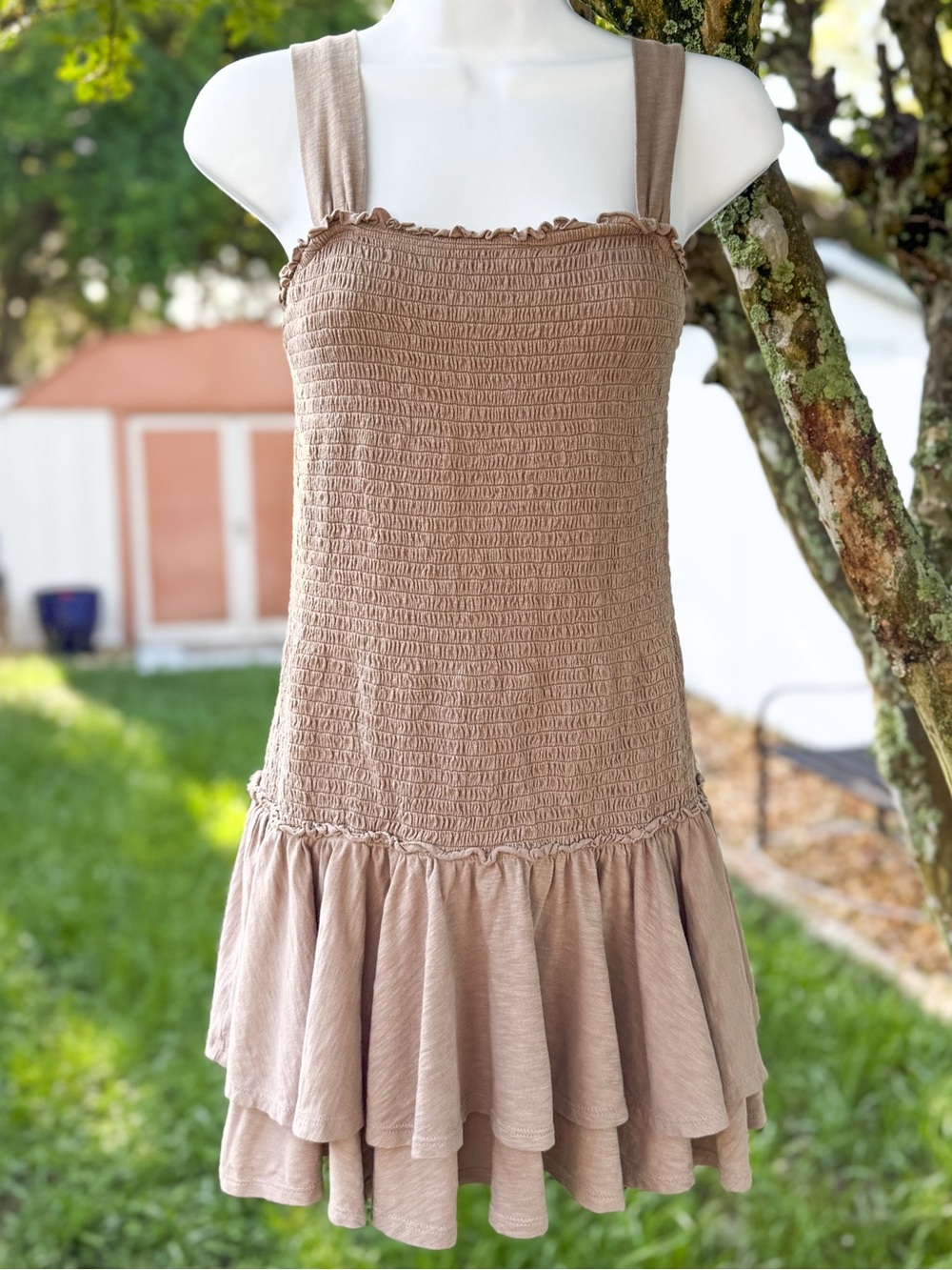American Eagle Smocked Ruffle Mini Dress Taupe Brown Sleeveless Size Small
